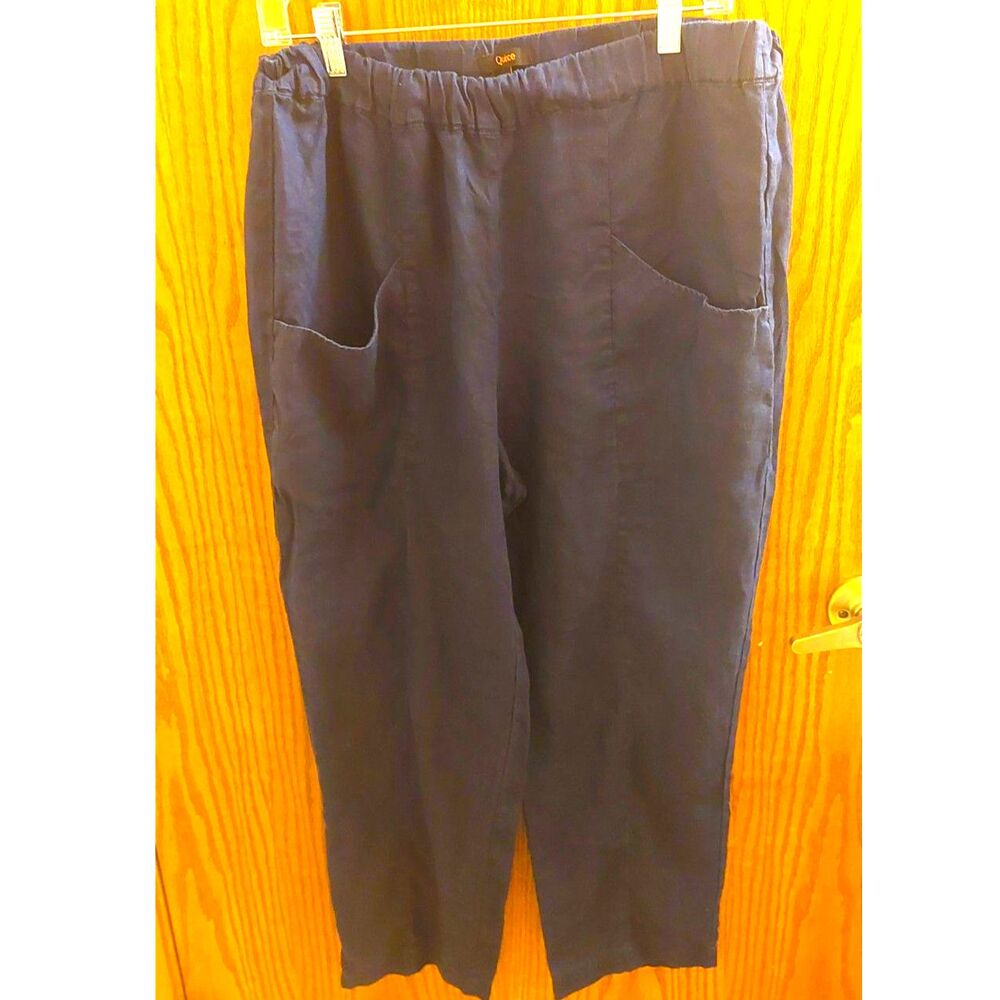 Quince 100% Linen Pull On Cropped Pants Women's Large Navy Blue Pockets